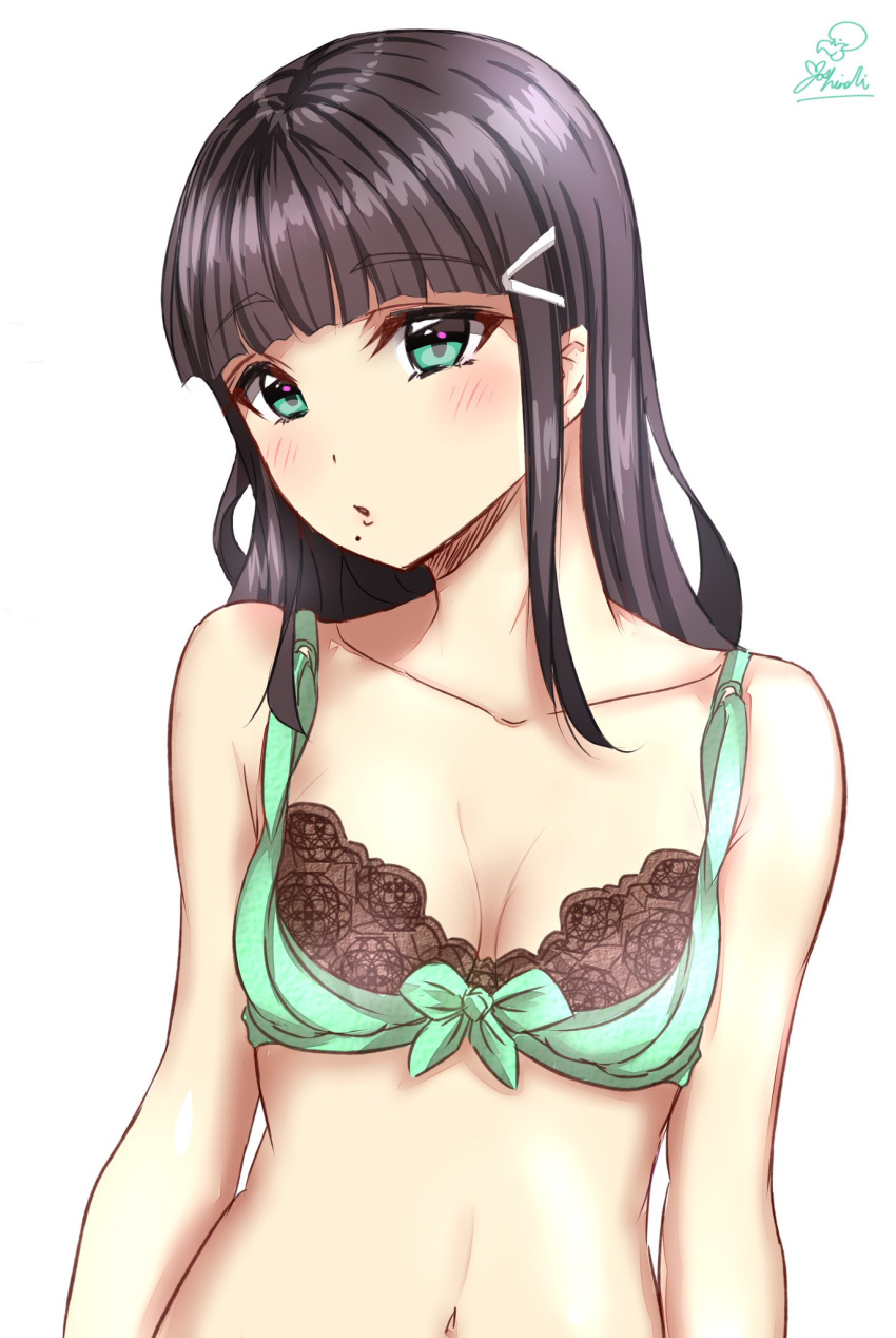 1girl :o =o bangs bare_arms bare_shoulders black_hair blush bow bow_bra bra breasts cleavage collarbone eyebrows_visible_through_hair green_bra green_eyes hair_tie highres kaya_(yoshina9) kurosawa_dia lace lace-trimmed_bra long_hair looking_at_viewer love_live! love_live!_sunshine!! mole mole_under_mouth navel open_mouth sidelocks signature simple_background small_breasts solo underwear white_background