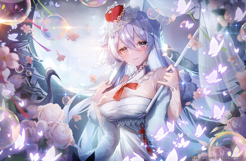 1girl apple_caramel bangs bird blush breasts bubble bug butterfly cherry_blossoms china_dress chinese_clothes closed_mouth crane_(animal) dress eyebrows_visible_through_hair fan feather_boa folding_fan full_moon glint hair_between_eyes highres holding holding_fan holding_umbrella insect large_breasts long_hair long_sleeves looking_at_viewer moon original petals purple_hair sidelocks smile solo tearing_up umbrella upper_body veil very_long_hair violet_eyes white_dress
