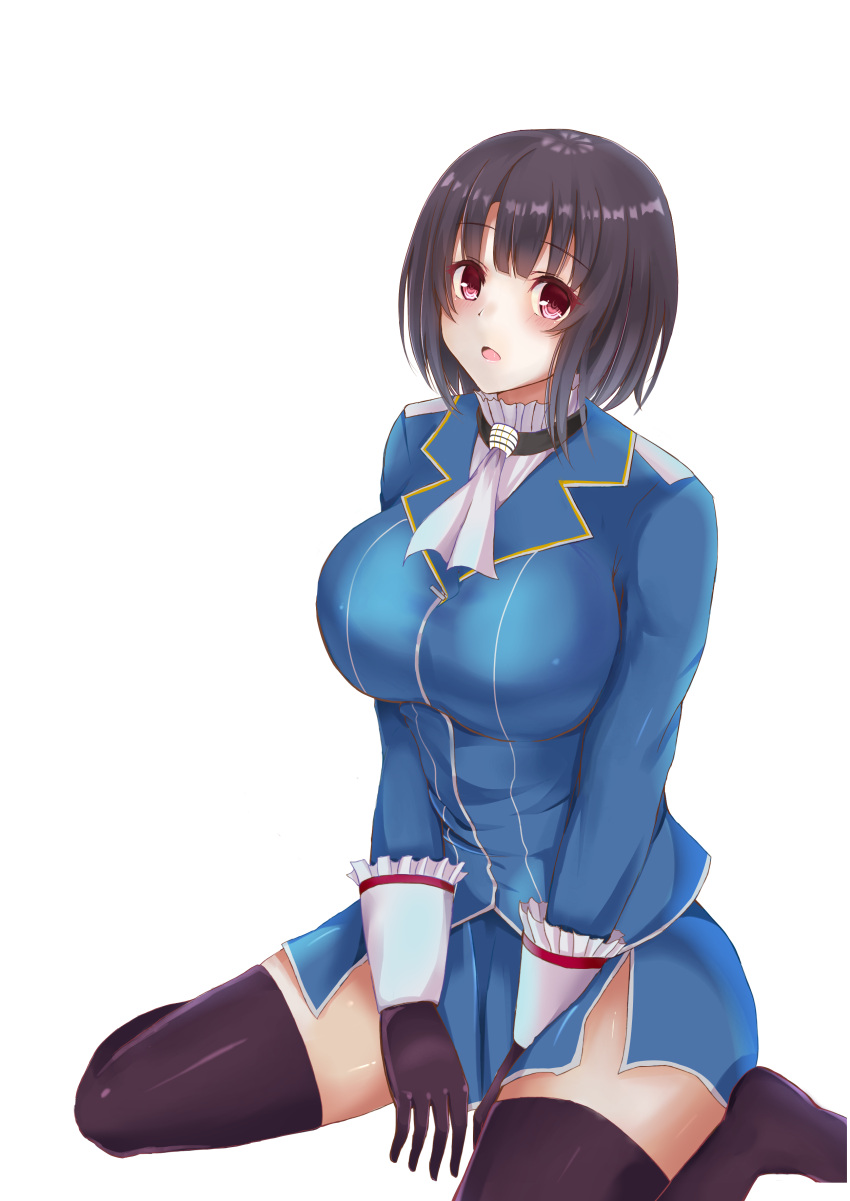 1girl :o absurdres between_legs black_gloves black_hair black_legwear blue_skirt breasts eyebrows_visible_through_hair gloves hand_between_legs highres kantai_collection large_breasts looking_at_viewer military military_uniform miniskirt no_shoes red_eyes short_hair sitting skirt solo syun3783 takao_(kantai_collection) thigh-highs uniform wariza