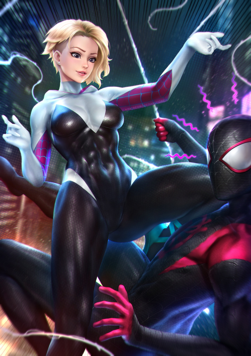 1boy 1girl abs absurdres artist_name asymmetrical_hair ballet_slippers blonde_hair blurry blurry_background bodysuit city covered_navel emphasis_lines eyebrow_piercing gwen_stacy highres hood hood_down looking_at_another marvel mask midair miles_morales nudtawut_thongmai paid_reward parted_lips patreon_reward piercing short_hair silk smile spider-gwen spider-man:_into_the_spider-verse spider-man_(miles_morales) spider-man_(series) spider_web spider_web_print spread_legs superhero toned undercut