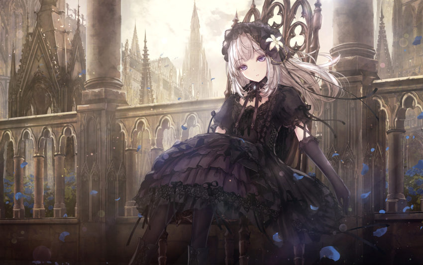 1girl architecture bangs black_dress black_footwear black_gloves black_legwear blue_flower boots building chair clouds cloudy_sky commentary cross-laced_footwear dress elbow_gloves english_commentary eyebrows_visible_through_hair floating_hair flower frilled_dress frills gloves gothic_lolita grey_hair head_tilt highres lace-up_boots lolita_fashion long_hair missile228 on_chair original outdoors pantyhose parted_lips petals puffy_short_sleeves puffy_sleeves railing short_sleeves sitting sky solo violet_eyes white_flower