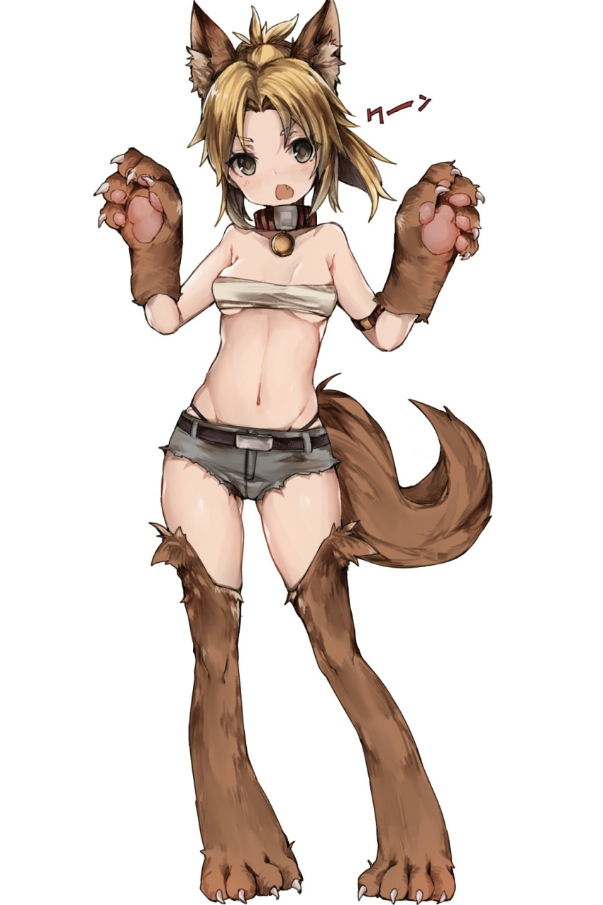1girl animal_ear_fluff animal_ears bare_shoulders belt belt_buckle blonde_hair breasts brown_fur buckle claws collarbone cutoffs dog_ears dog_girl dog_paws dog_tail fang fate_(series) forehead full_body grey_shorts hands_up highleg_shorts highres large_tail legs light_blush looking_at_viewer micro_shorts midriff mordred_(fate)_(all) navel open_mouth paws pigeon-toed short_hair shorts simple_background small_breasts solo standing stomach tail third-party_source under_boob v-shaped_eyebrows w_arms white_background widow's_peak