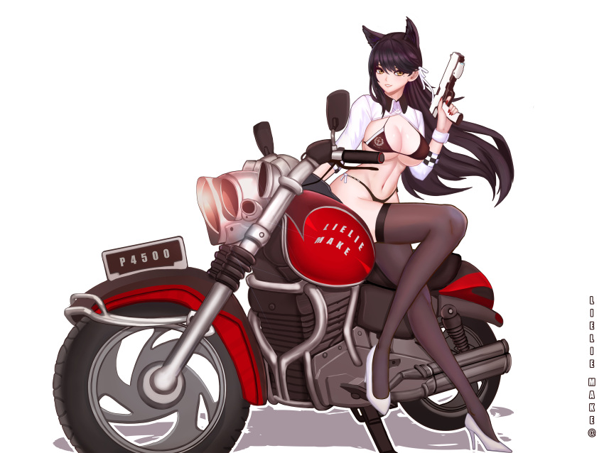 absurdres alternate_costume animal_ears atago_(azur_lane) azur_lane bangs black_legwear bow breasts cleavage commentary_request extra_ears full_body ground_vehicle gun high_heels highres holding holding_gun holding_weapon large_breasts lieyan_huangzi logo mole mole_under_eye motor_vehicle motorcycle navel racequeen ribbon shrug_(clothing) sitting sitting_on_object swept_bangs two-tone_bikini weapon white_background white_bow white_footwear white_ribbon
