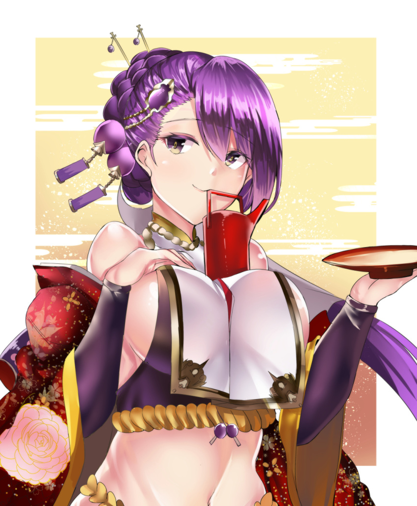 1girl alcohol bangs bare_shoulders black_sleeves braid breasts brown_eyes closed_mouth commentary_request crop_top cup detached_sleeves egasumi eyebrows_visible_through_hair hair_between_eyes hair_ornament hand_on_own_chest hand_up highres holding holding_cup kamimusubi_(p&amp;d) large_breasts long_hair long_sleeves navel purple_hair puzzle_&amp;_dragons sakazuki sake setu_(shining12) smile solo upper_body very_long_hair