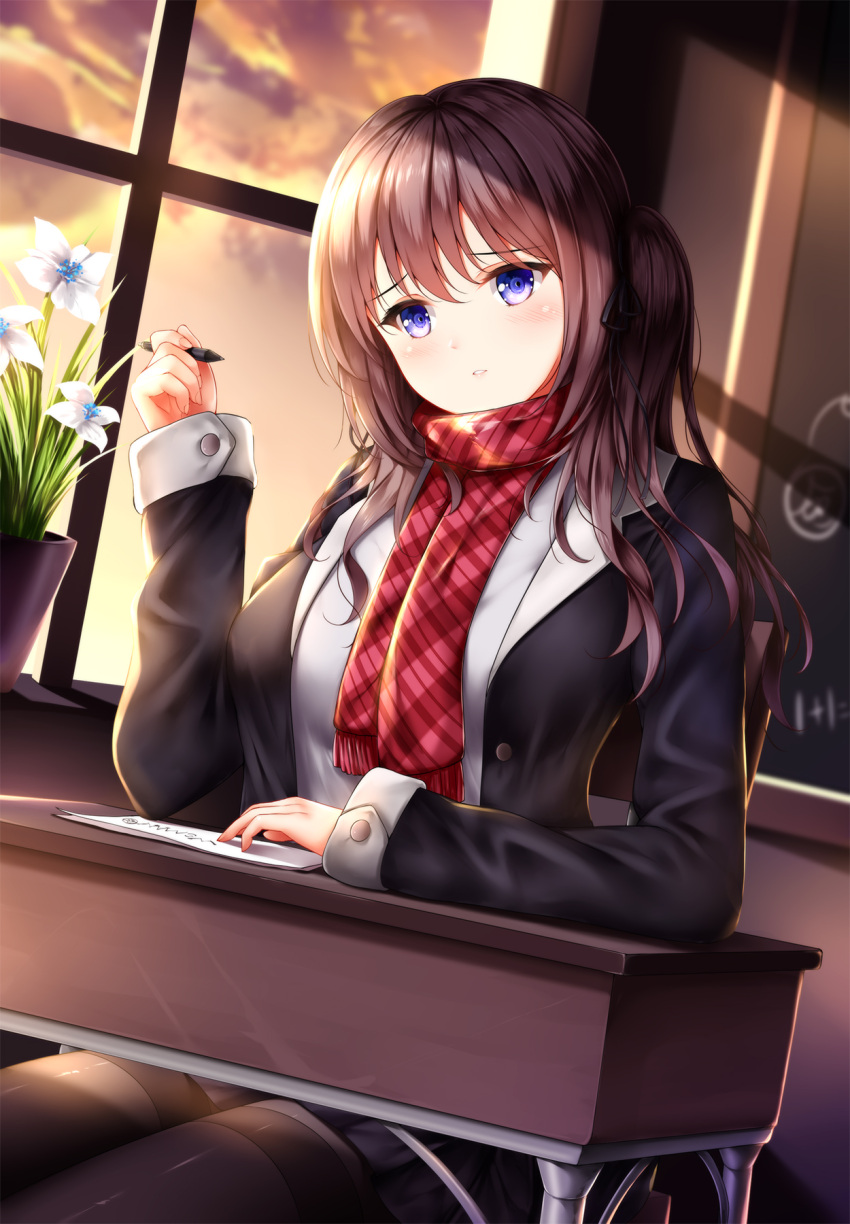 1girl bangs black_coat black_legwear black_ribbon blue_eyes blush breasts brown_hair clouds coat desk dutch_angle eyebrows_visible_through_hair hair_between_eyes hair_ribbon highres holding holding_pen indoors large_breasts long_hair long_sleeves looking_at_viewer open_clothes open_coat original pantyhose parted_lips pen plant potted_plant red_scarf ribbon scarf shirt sidelocks sitting skirt solo sunset thighband_pantyhose white_shirt window wsman