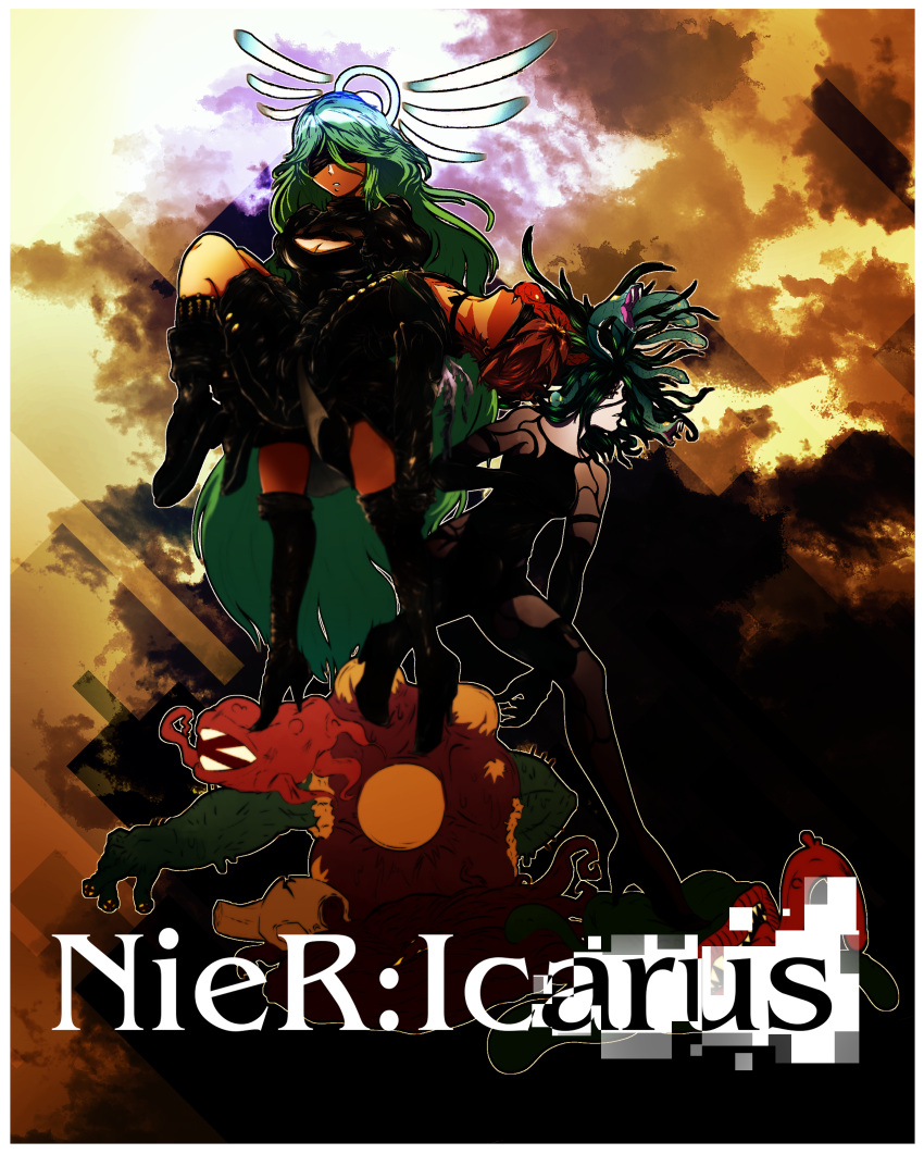 2girls absurdres black_dress black_footwear blindfold boots breasts brown_hair carrying cleavage cleavage_cutout clouds cloudy_sky copyright_name cosplay dark_background dark_clouds dress green_hair high_heels highres kid_icarus kid_icarus_uprising long_hair medusa_(kid_icarus) monster_girl multiple_girls nier_(series) nier_automata nintendo pale_skin palutena parody parted_lips pit_(kid_icarus) princess_carry puffy_short_sleeves puffy_sleeves sanikink short_sleeves sky snake_hair standing thigh-highs very_long_hair yorha_no._2_type_b yorha_no._2_type_b_(cosplay) yorha_no._9_type_s yorha_no._9_type_s_(cosplay) yorha_type_a_no._2 yorha_type_a_no._2_(cosplay)