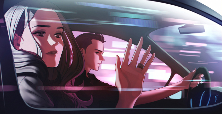 1boy 1girl brown_eyes brown_hair car_interior commission jewelry makeup original parted_lips revolmxd ring steering_wheel wavy_mouth