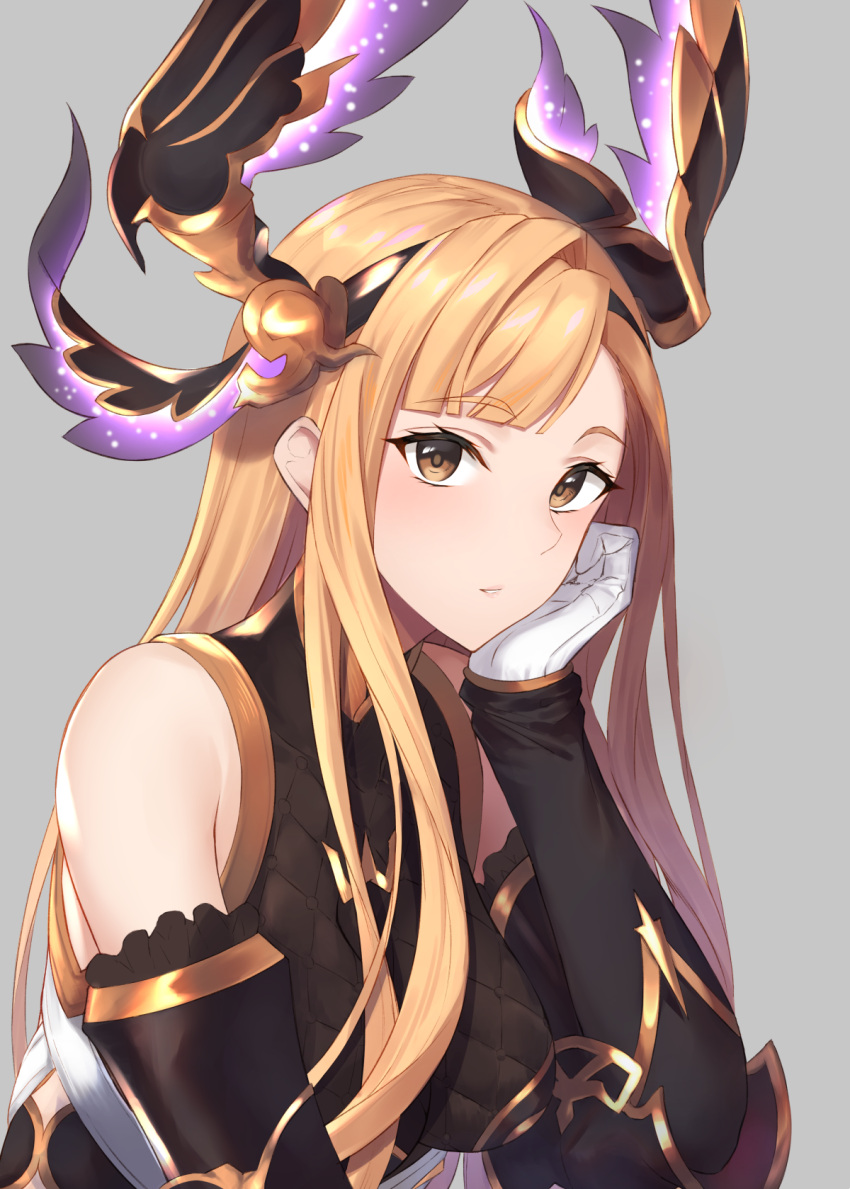 1girl bangs bare_shoulders black_gloves blush breasts brown_eyes closed_mouth elbow_gloves gen_(gen_7254) gloves granblue_fantasy grey_background hair_ornament hairband head_wings highres large_breasts long_hair looking_at_viewer orange_hair sidelocks simple_background solo song_(granblue_fantasy)