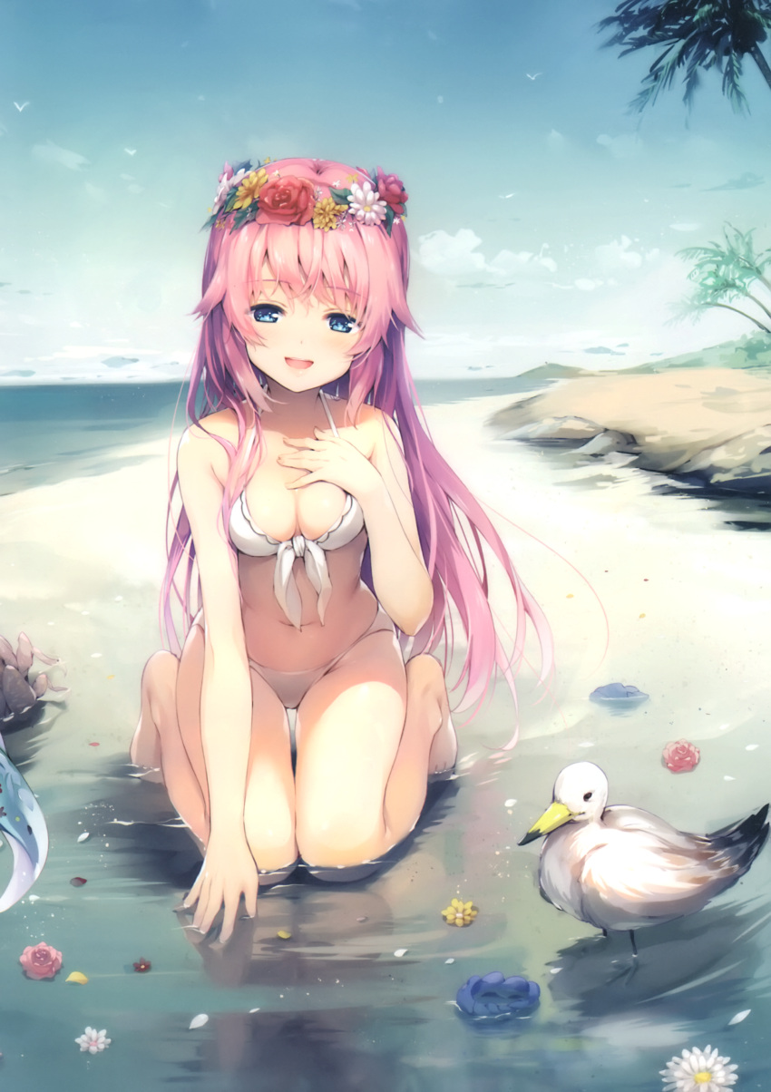 1girl absurdres animal artist_request bangs bare_shoulders beach bikini bird blue_eyes breasts cleavage clouds cloudy_sky day eyebrows_visible_through_hair flower full_body hand_on_own_chest head_wreath highres kneeling koto-channel kotoha_(koto_channel) long_hair looking_at_viewer medium_breasts navel ocean open_mouth outdoors palm_leaf palm_tree petals pink_hair reflection scan seagull sky solo stomach swimsuit tree water white_bikini