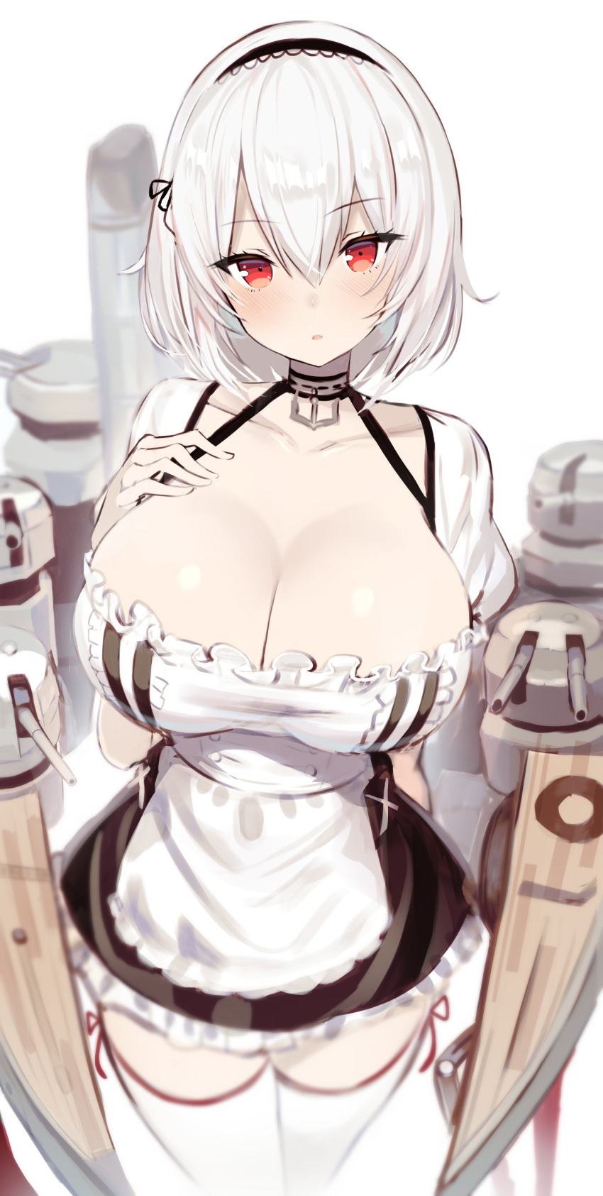 1girl absurdres anchor apron azur_lane bangs black_choker black_dress black_hairband blurry blush breasts choker cleavage collarbone commentary_request cowboy_shot depth_of_field dress frilled_dress frills greatmosu hair_between_eyes hairband halterneck hand_on_own_chest hand_up head_tilt highres large_breasts looking_at_viewer machinery maid maid_apron parted_lips puffy_short_sleeves puffy_sleeves red_eyes short_hair short_sleeves simple_background sirius_(azur_lane) smokestack solo standing taut_clothes taut_dress thigh-highs turret white_apron white_background white_hair white_legwear
