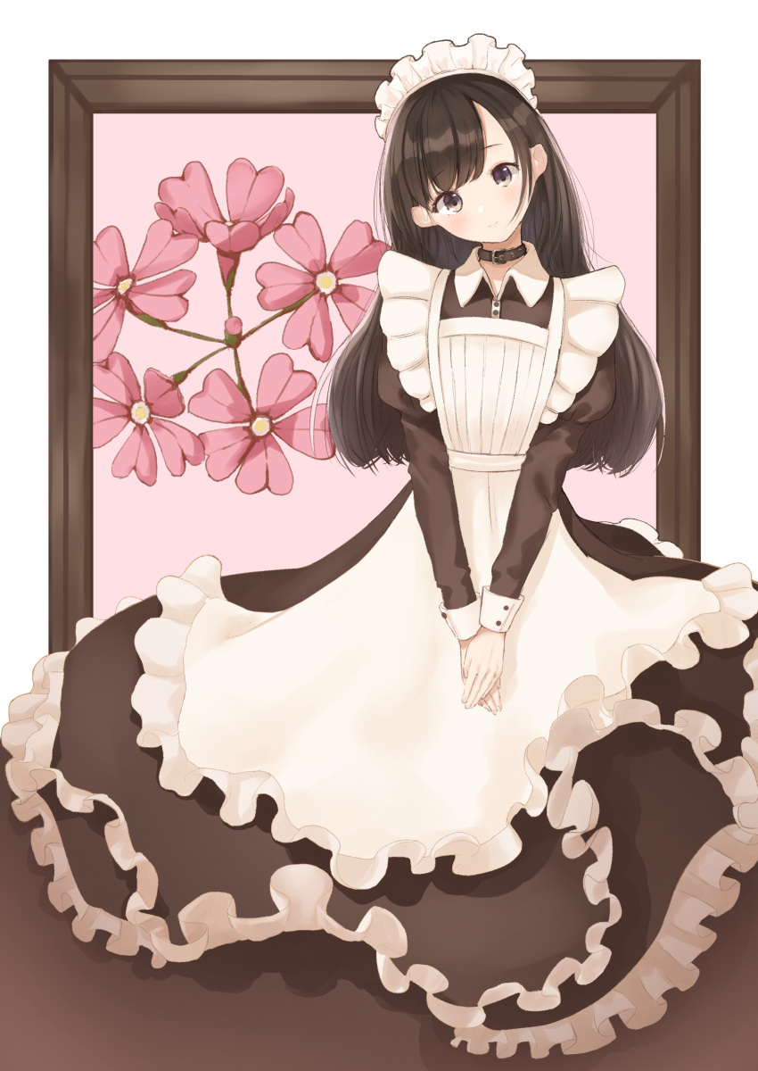 1girl absurdres apron black_eyes black_hair collar flower frame frills head_tilt hennekobakatesu highres long_hair maid maid_apron maid_headdress original