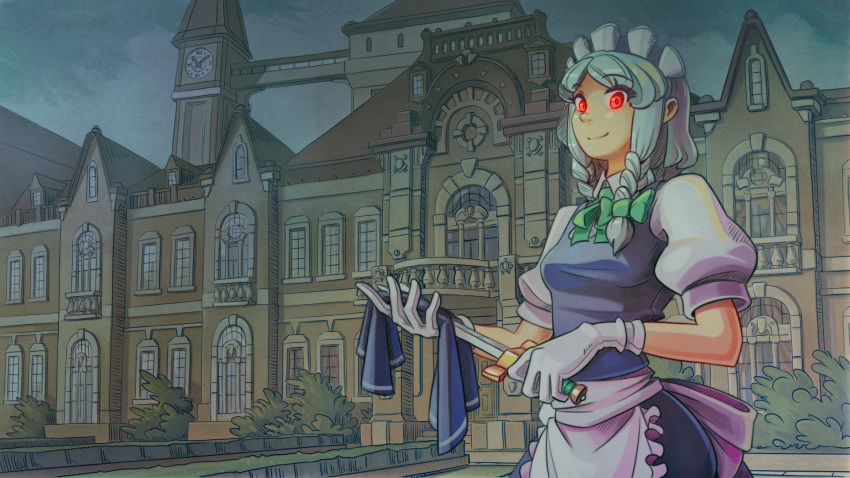 1girl acrylic_paint_(medium) apron architecture balcony bangs blue_skirt blue_vest braid breasts bridge clock clock_tower cloth clouds curtains eyebrows_visible_through_hair gloves glowing glowing_eyes green_ribbon hair_ribbon highres holding holding_cloth holding_knife izayoi_sakuya knife looking_at_viewer maid_headdress neck_ribbon night outdoors parted_bangs planter puffy_short_sleeves puffy_sleeves red_eyes ribbon scarlet_devil_mansion shirt short_hair short_sleeves silver_hair skirt sky small_breasts smile solo standing topiary touhou tower traditional_media tress_ribbon twin_braids u-joe upper_body vest waist_apron white_gloves white_shirt window wiping