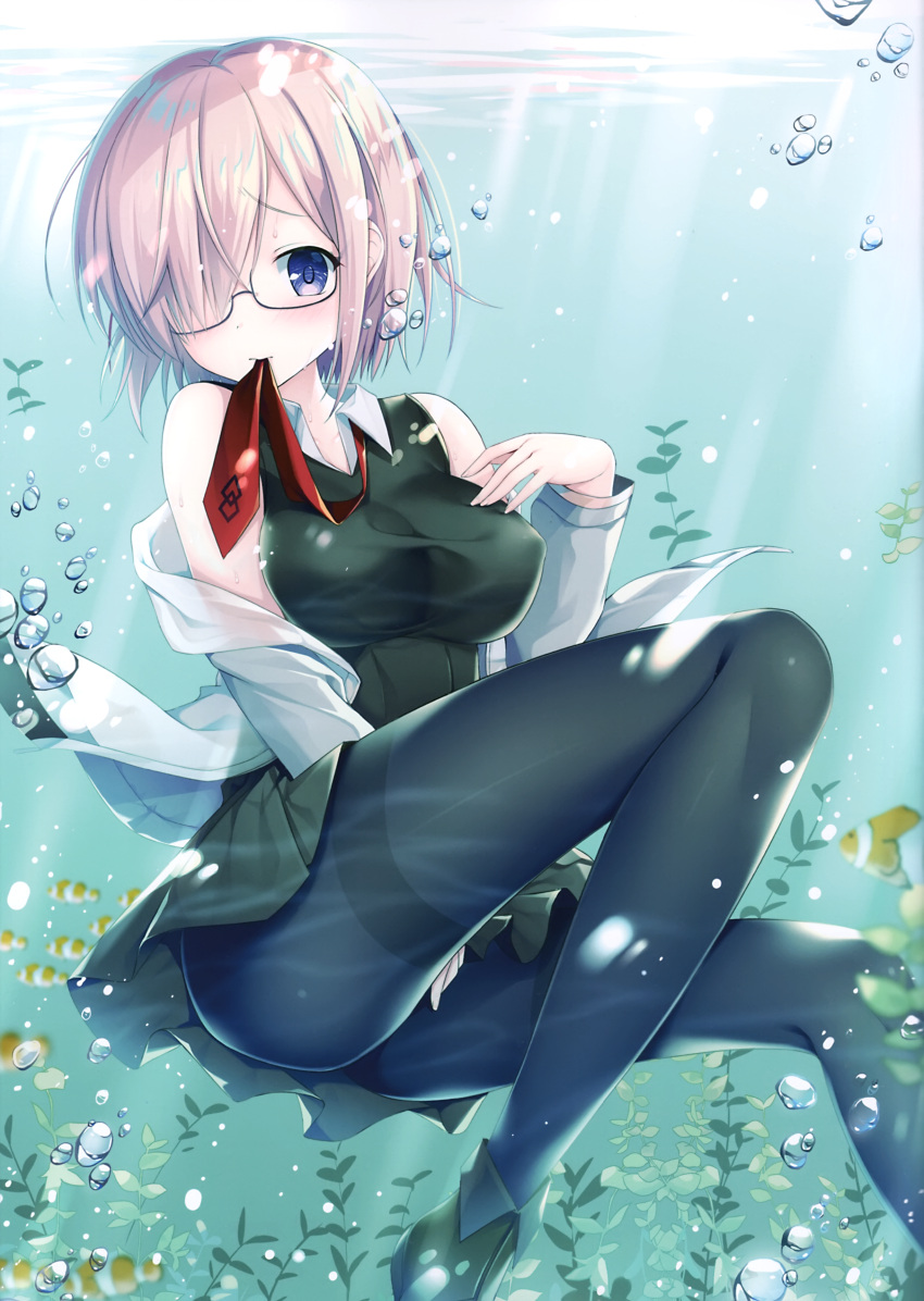 1girl absurdres air_bubble animal ankle_boots artist_request bangs black-framed_eyewear black_dress blurry blurry_background blush boots breasts bubble clownfish dress eyebrows_visible_through_hair fate/grand_order fate_(series) fingernails fish glasses hair_over_one_eye hand_on_own_chest hand_up highres holding large_breasts long_sleeves looking_at_viewer mash_kyrielight mouth_hold necktie off_shoulder pantyhose pink_hair plant red_neckwear scan short_dress short_hair sleeveless solo underwater violet_eyes water