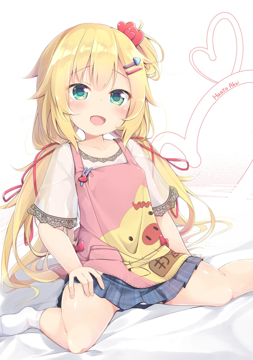 1girl :d akai_haato apron bangs bed_sheet blonde_hair blue_skirt blush collarbone commentary_request eyebrows_visible_through_hair green_eyes hair_between_eyes hair_ornament hair_ribbon hairclip heart heart_hair_ornament highres hololive lace-trimmed_sleeves long_hair looking_at_viewer no_shoes one_side_up open_mouth pink_apron pirason plaid plaid_skirt pleated_skirt red_ribbon ribbon see-through shirt simple_background sitting skirt smile socks solo very_long_hair virtual_youtuber wariza white_background white_legwear white_shirt wide_sleeves