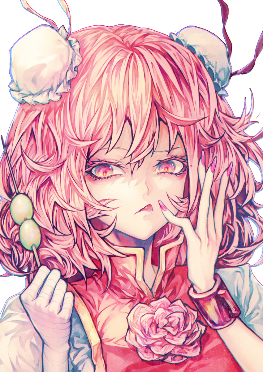 1girl :q bandage bandaged_arm bandages bangs bun_cover colored_eyelashes commentary cuffs dango double_bun flower food hair_between_eyes hair_ribbon hands_up highres holding holding_food ibaraki_kasen joker_(stjoker) looking_at_viewer messy_hair nail_polish pink_eyes pink_flower pink_hair pink_nails pink_rose portrait puffy_short_sleeves puffy_sleeves purple_ribbon ribbon rose shackles shirt short_hair short_sleeves simple_background solo tabard tongue tongue_out touhou wagashi white_background white_shirt