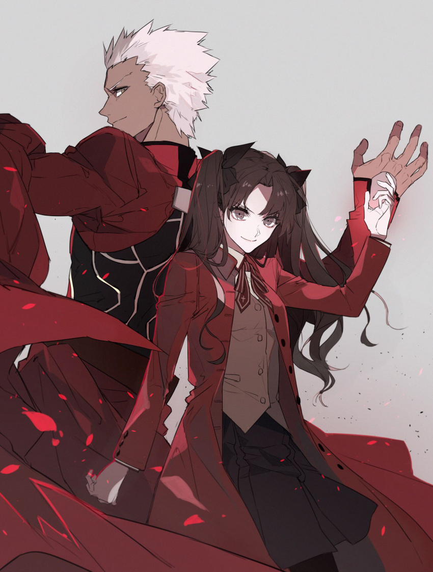 1boy 1girl archer bangs black_bow black_hair black_skirt bow bowtie closed_mouth coat cowboy_shot dark_skin dark_skinned_male ebanoniwa fate/stay_night fate_(series) grey_background grey_eyes hair_bow highres long_hair looking_at_viewer parted_bangs red_coat school_uniform simple_background skirt smile tohsaka_rin two_side_up white_hair