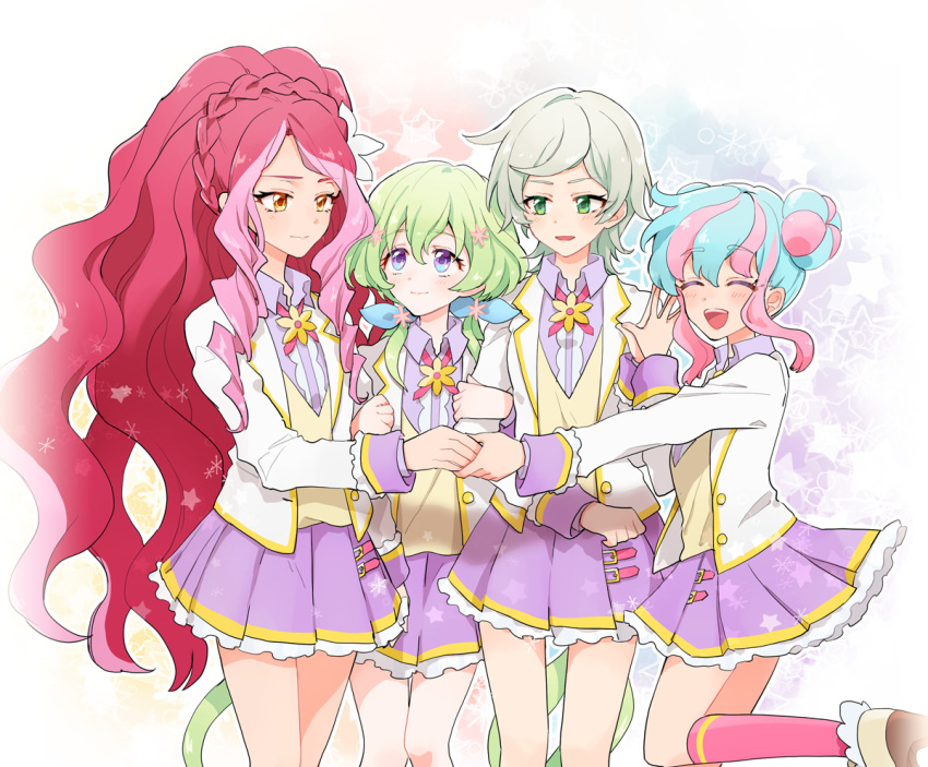 4girls aikatsu! aikatsu!_(series) aikatsu_stars! bangs blue_hair bow braid double_bun drill_hair elza_forte eyebrows_visible_through_hair flower futaba_aria green_eyes green_hair hair_between_eyes hair_flower hair_ornament hanazono_kirara hand_holding kizaki_rei leg_up long_hair looking_at_another multicolored_hair multiple_girls open_mouth pink_hair popoin school_uniform short_hair simple_background skirt smile twin_drills twintails venus_ark_uniform white_background yellow_eyes