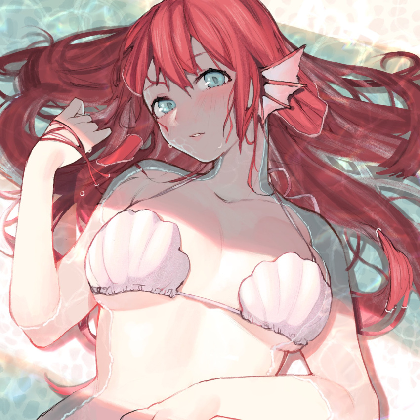 1girl bangs beach blue_eyes blush breasts day fish_girl halterneck hand_in_hair hand_on_own_stomach hand_up head_fins head_tilt highres in_water large_breasts lips long_hair looking_at_viewer lying on_back original outdoors parted_lips redhead shell shell_bikini uni_(omochi_unicorn)