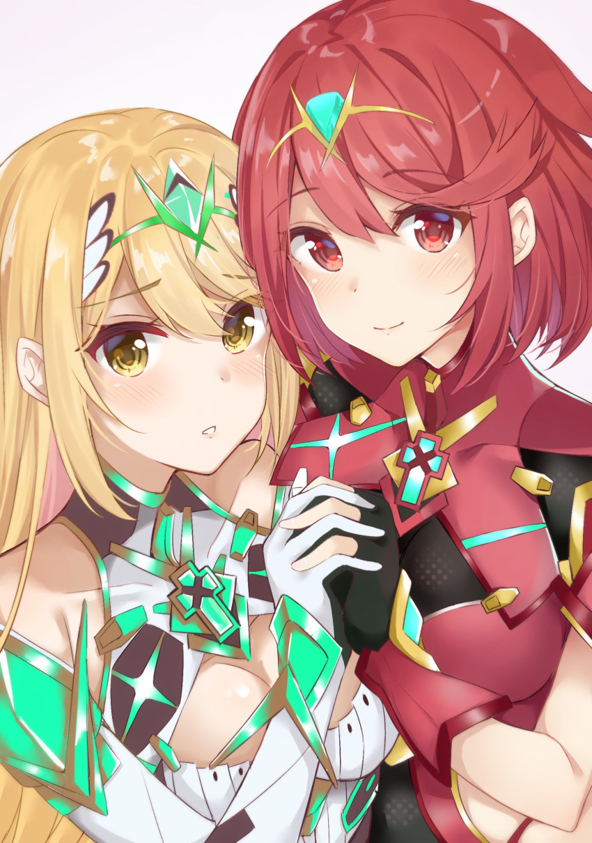 2girls absurdres blonde_hair blush commentary_request hair_ornament hand_holding highres mythra_(xenoblade) pyra_(xenoblade) looking_at_viewer multiple_girls nintendo open_mouth red_eyes redhead smile tetora_(yumejihuka) white_background xenoblade_(series) xenoblade_2 yellow_eyes