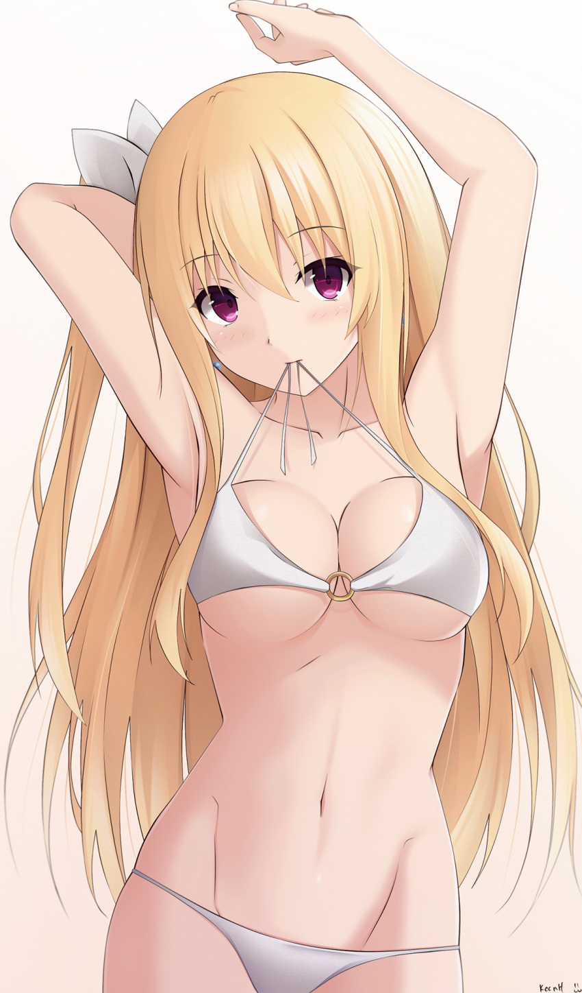 1girl arms_up bangs bare_arms bare_shoulders bikini blonde_hair breasts brown_background cleavage collarbone commentary_request date_a_live eyebrows_visible_through_hair gradient gradient_background grey_background groin hair_between_eyes hair_ribbon head_tilt highres keenh long_hair mayuri_(date_a_live) medium_breasts mouth_hold navel o-ring o-ring_bikini o-ring_top one_side_up ribbon signature solo swimsuit untied untied_bikini very_long_hair violet_eyes white_bikini white_ribbon