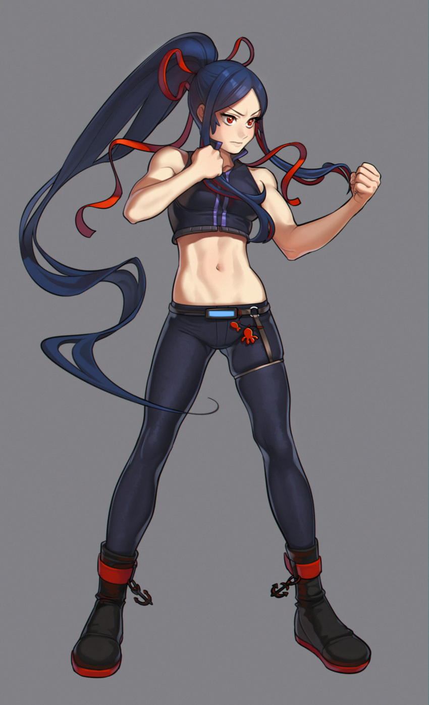 1girl anchor black_footwear black_hair breasts clenched_hands commission crop_top fighting_stance grey_background hair_ribbon high_ponytail highres long_hair midriff multicolored_hair navel original red_eyes redhead revolmxd ribbon sidelocks sleeveless small_breasts solo toned two-tone_hair very_long_hair