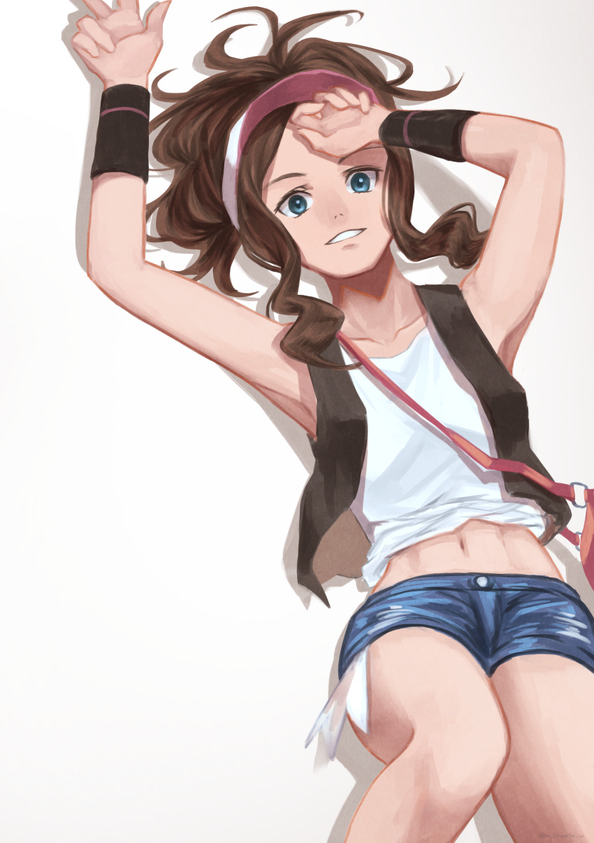 1girl absurdres arms_up blue_eyes blue_shorts brown_hair creatures_(company) game_freak grin highres long_hair looking_at_viewer lying midriff navel nintendo on_back pokemon pokemon_(game) pokemon_bw shirt short_shorts shorts simple_background sleeveless sleeveless_shirt smile solo stomach touko_(pokemon) visor_cap w-moz9-w white_background white_shirt wristband