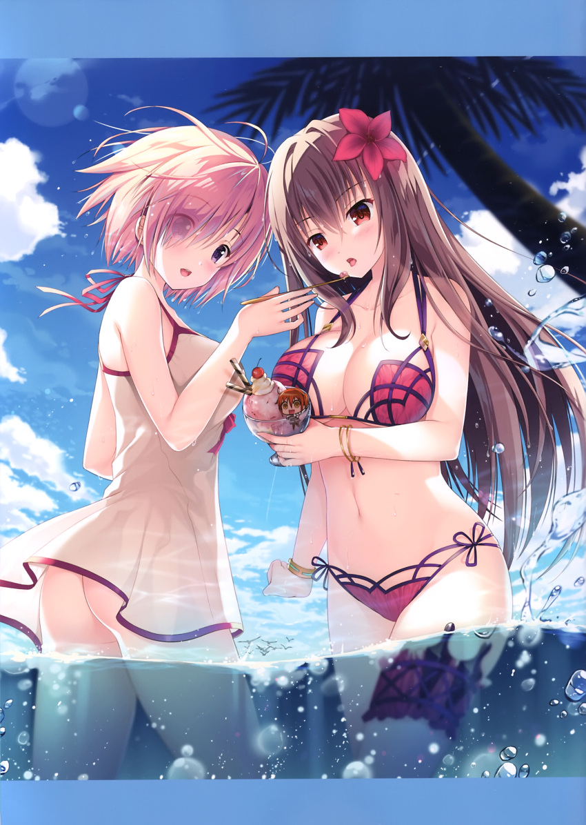 3girls absurdres anima ass bangs bare_shoulders bikini bird blue_sky blush bow bow_swimsuit bracelet breasts cherry cleavage clouds cloudy_sky collarbone day dress_swimsuit eyebrows_visible_through_hair eyes_visible_through_hair fate/grand_order fate_(series) feeding flower food fruit fujimaru_ritsuka_(female) hair_flower hair_ornament hair_over_one_eye hibiscus highres holding ice_cream jewelry large_breasts lens_flare long_hair mash_kyrielight minigirl multiple_girls navel ocean orange_hair palm_leaf palm_tree partially_submerged partially_underwater_shot purple_bow purple_hair riyo_(lyomsnpmp)_(style) scan scathach_(fate)_(all) scathach_(fate/grand_order) scathach_(swimsuit_assassin)_(fate) seagull short_hair side_ponytail sky sousouman spoon stomach swimsuit swimsuit_of_perpetual_summer thigh_strap thighs tree type-moon violet_eyes wading water_drop white_swimsuit