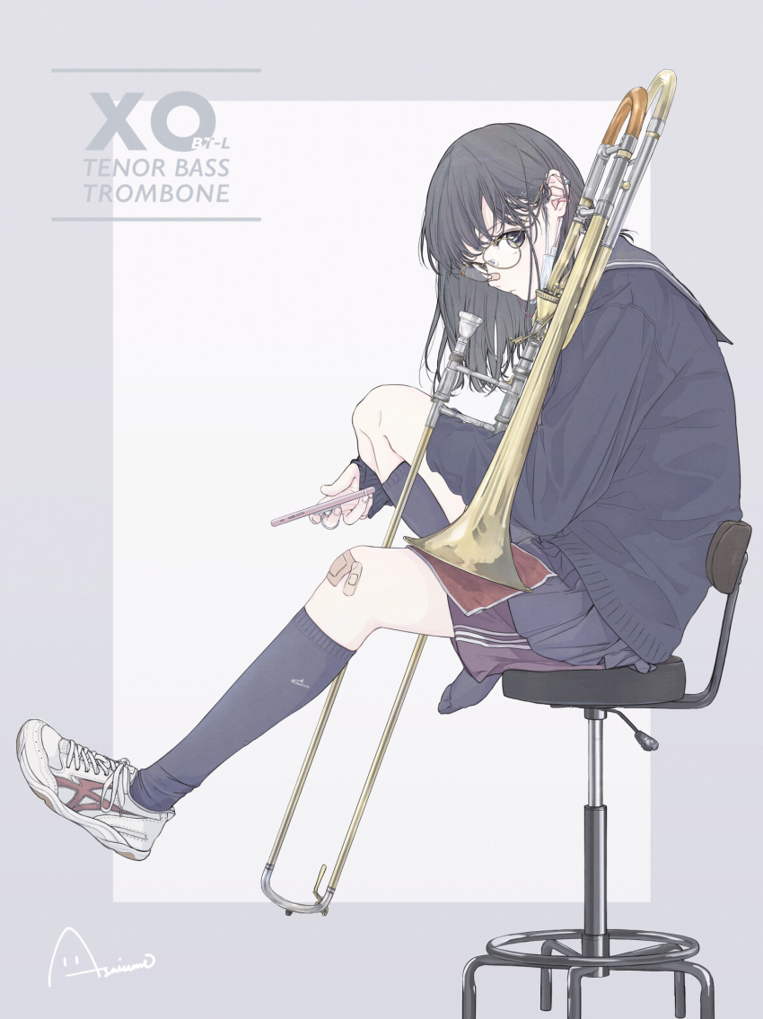 1girl asai_umi bandaid bandaid_on_knee bandaid_on_nose bangs black_eyes black_hair blue_cardigan blue_skirt brown_eyes cardigan cellphone chair commentary_request ear_piercing english_text from_side frown glasses grey_outline gym_shorts highres holding holding_instrument holding_phone instrument knee_up kneehighs long_hair looking_at_viewer miniskirt navy_blue_legwear navy_blue_skirt original phone piercing pleated_skirt purple_shorts round_eyewear school_uniform serafuku shoes shorts shorts_under_skirt signature single_shoe sitting skirt smartphone sneakers solo swivel_chair trombone