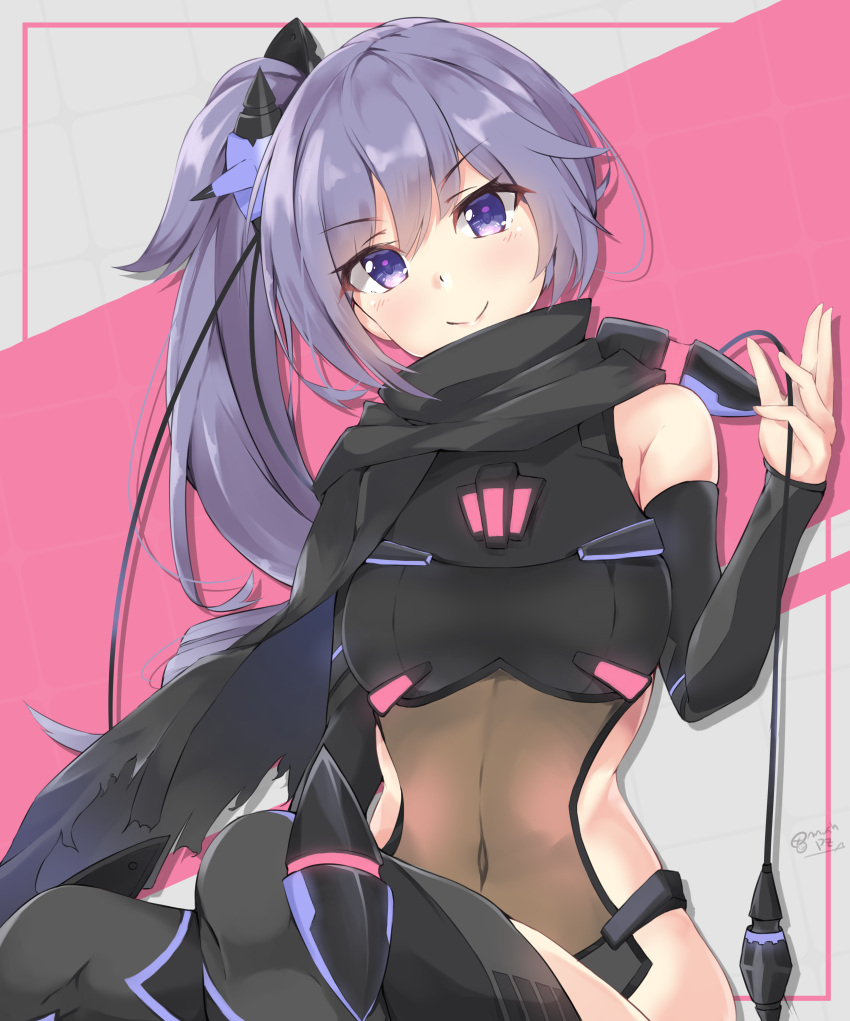 1girl absurdres black_cape black_legwear blush cape closed_mouth covered_navel detached_sleeves eyebrows_visible_through_hair head_tilt highres k-doku long_hair long_sleeves looking_at_viewer ongeki purple_hair side_ponytail signature silhouette sitting smile solo takase_rio thigh-highs torn_cape torn_clothes v-shaped_eyebrows