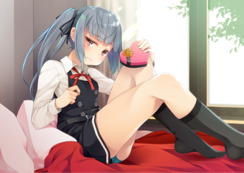 1girl arm_warmers bangs belt black_legwear black_ribbon blue_panties blush box brown_eyes buttons chocolate chocolate_heart closed_mouth commentary_request dress eyebrows_visible_through_hair gift gift_box grey_hair hair_between_eyes hair_ribbon heart holding kantai_collection kasumi_(kantai_collection) kneehighs long_hair looking_at_viewer mofu_namako neck_ribbon panties pillow red_neckwear ribbon school_uniform shirt short_sleeves side_ponytail sitting skirt sleeveless sleeveless_dress solo suspenders underwear white_shirt