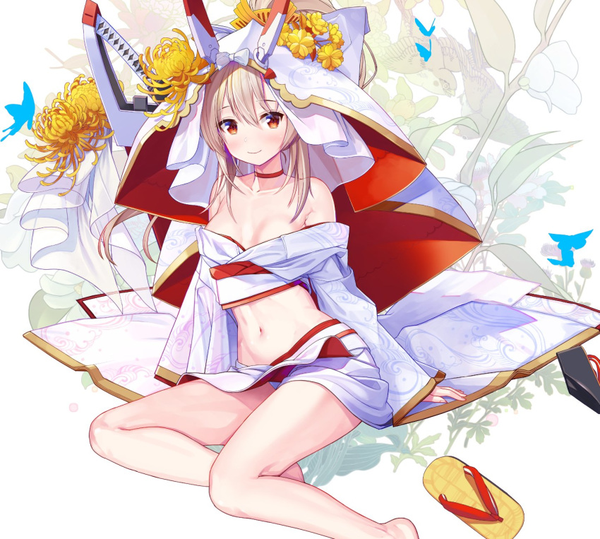 1girl atori ayanami_(azur_lane) azur_lane barefoot blonde_hair breasts bug butterfly choker cleavage collarbone eyebrows_visible_through_hair floating_hair groin hair_between_eyes highres insect japanese_clothes kimono long_hair long_sleeves looking_at_viewer medium_breasts midriff navel print_kimono red_eyes sidelocks sitting solo stomach very_long_hair white_kimono