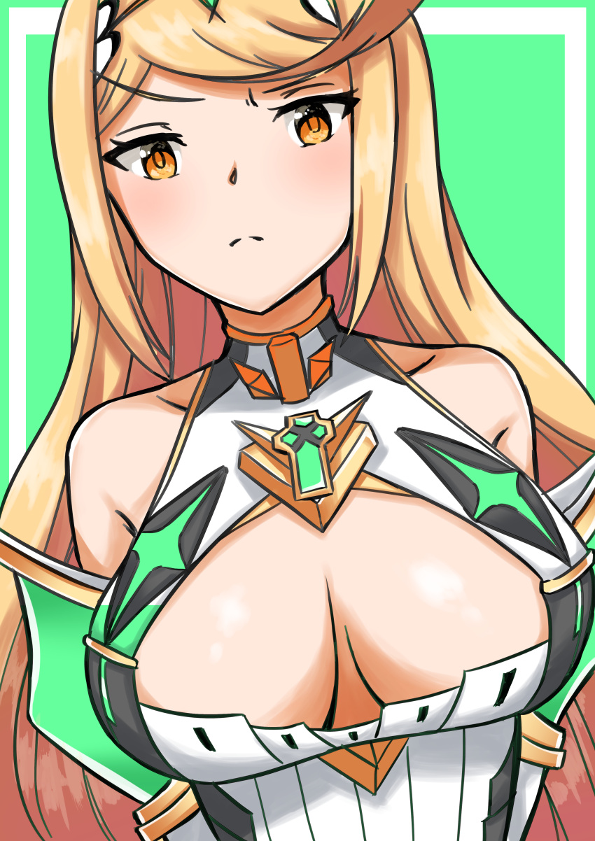 1girl absurdres bangs blonde_hair breasts cleavage cleavage_cutout closed_mouth gem green_background hair_ornament highres mythra_(xenoblade) large_breasts long_hair looking_at_viewer nintendo simple_background solo staring theakingu tsundere very_long_hair xenoblade_(series) xenoblade_2 yellow_eyes