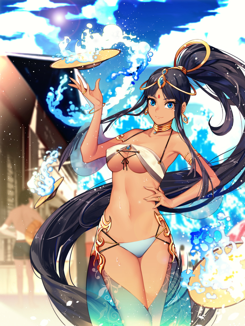 1boy 1girl bangs bare_shoulders bikini black_hair blue_eyes bowl bracelet breasts commentary_request dark_skin detached_collar earrings fire flame forehead_jewel forever_7th_capital gaia_(forever_7th_capital) gem hair_ornament hand_on_hip hand_up highres holding holding_bowl jewelry lamb(1006184654) long_hair looking_at_viewer medium_breasts navel outdoors ponytail ring simple_background smile solo standing swimsuit very_long_hair