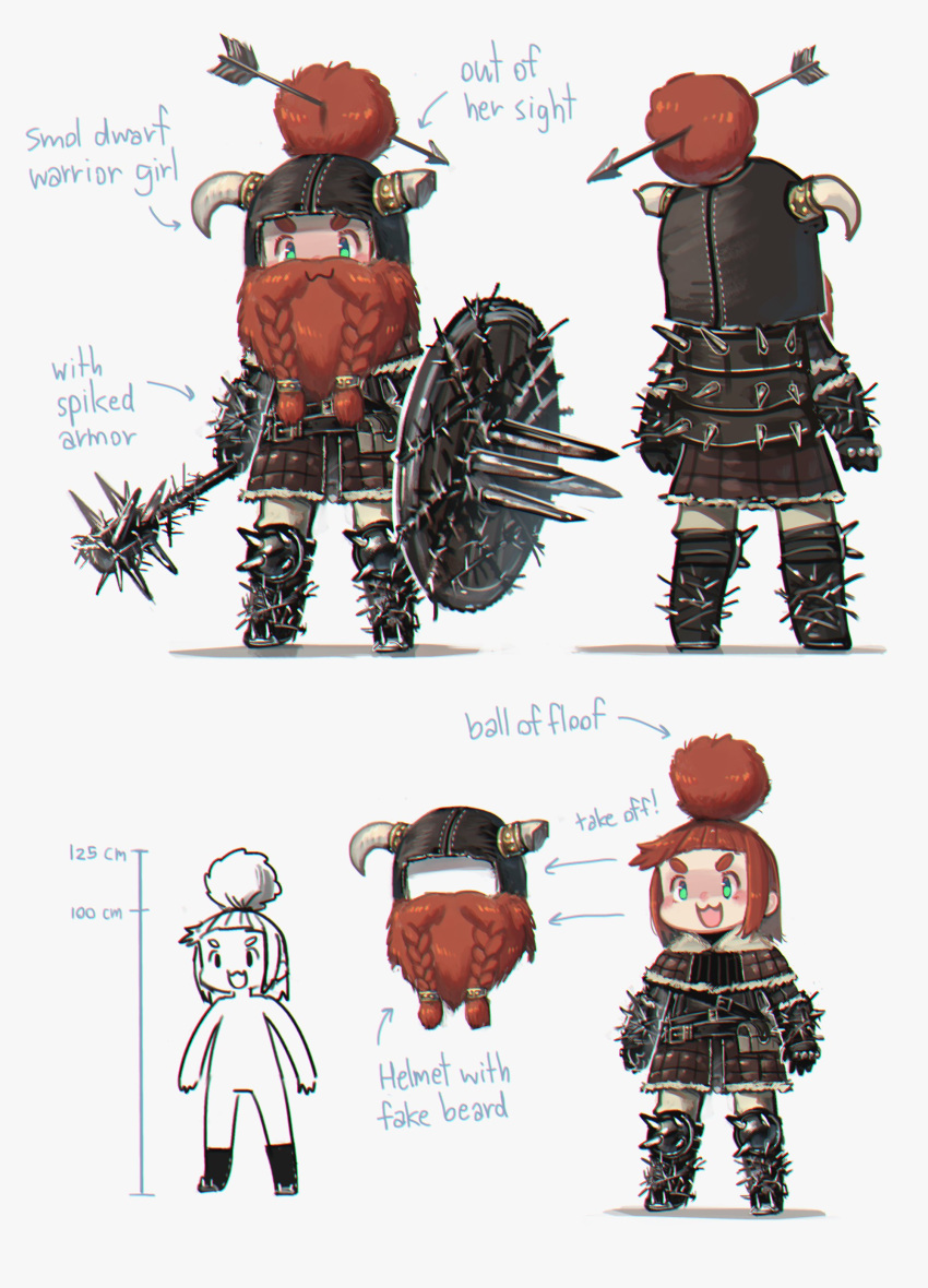1girl :3 :d absurdres armor armored_boots arrow bangs belt belt_pouch blunt_bangs blush boots braided_beard broken_horn chibi chromatic_aberration commentary directional_arrow dwarf english_text fake_beard fake_facial_hair gauntlets green_eyes hair_bun hair_through_headwear height helmet highres holding holding_shield holding_weapon horned_helmet leather_armor mace multiple_views open_mouth original porforever pouch redhead shield short_hair simple_background smile spiked_armor spiked_gauntlets spiked_mace spiked_shield symbol_commentary tan tanline thick_eyebrows v-shaped_eyebrows weapon white_background