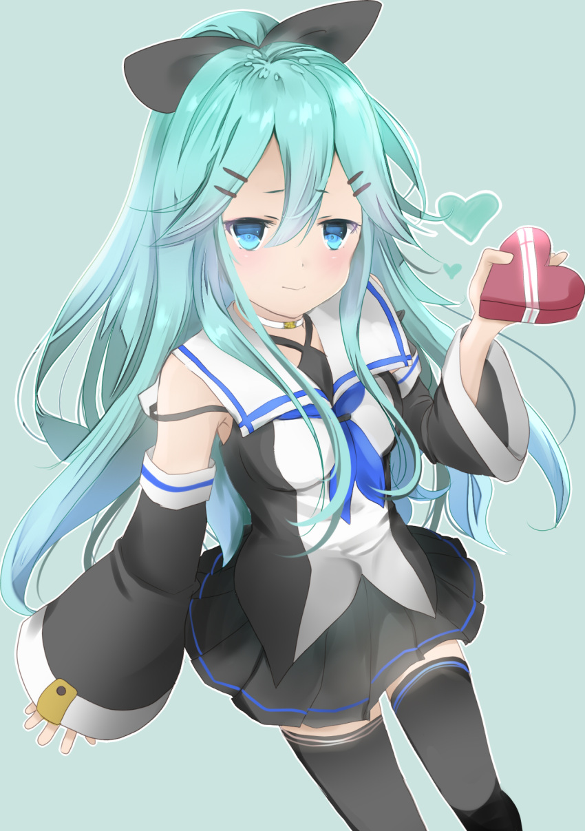 1girl aqua_background black_legwear black_ribbon black_serafuku black_skirt blue_neckwear blue_ribbon breasts chocolate chocolate_heart cowboy_shot detached_sleeves eiji_(monochromexd) gift green_eyes green_hair hair_between_eyes hair_flaps hair_ornament hair_ribbon hairclip hairpin heart highres kantai_collection long_hair looking_at_viewer neckerchief pleated_skirt ponytail ribbon sailor_collar school_uniform serafuku simple_background skirt small_breasts smile solo standing thigh-highs valentine white_sailor_collar wide_sleeves yamakaze_(kantai_collection) zettai_ryouiki