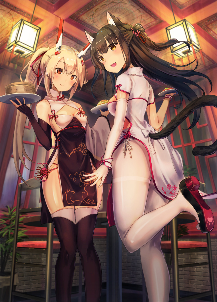 2girls :d alternate_costume animal_ear_fluff animal_ears ayanami_(azur_lane) azur_lane bangs black_footwear black_gloves black_hair black_legwear blonde_hair blurry blush breasts cat_ears cat_tail ceiling_light chair china_dress chinese_clothes closed_mouth commentary_request depth_of_field detached_sleeves dress elbow_gloves eyebrows_visible_through_hair feet_out_of_frame fingerless_gloves food gloves hair_between_eyes hair_ornament hair_ribbon hands_up headgear highres holding holding_plate indoors long_hair long_sleeves looking_at_viewer looking_back multiple_girls one_side_up open_mouth orange_eyes panties pelvic_curtain plant plate ponytail potted_plant red_ribbon ribbon rice shoes side-tie_panties sidelocks single_detached_sleeve sleeveless sleeveless_dress smile standing standing_on_one_leg tail thigh-highs underwear white_legwear wide_sleeves yellow_eyes yu_ni_t yuugure_(azur_lane)