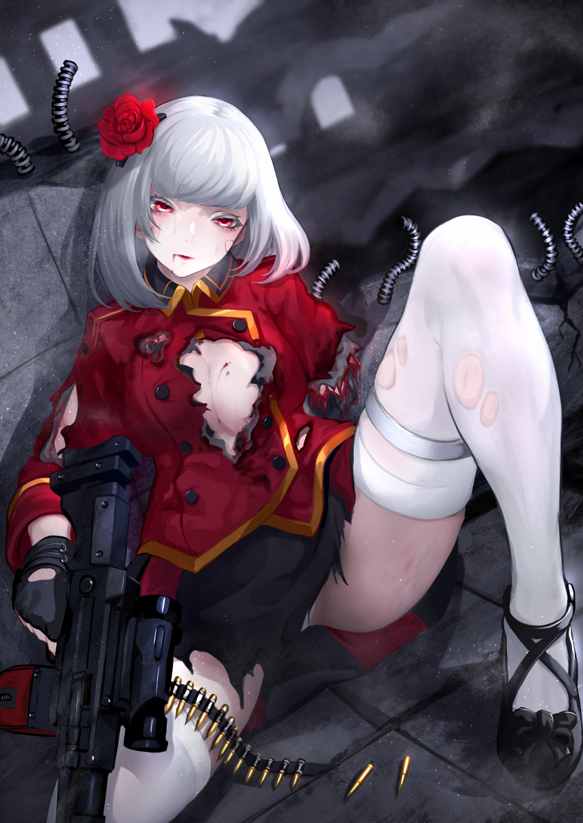 1girl absurdres amputee android asagon007 blood blood_from_mouth blood_on_face bloody_clothes bullet cyborg damaged flower grey_eyes gun hair_ornament highres injury jacket mechanical_arm mechanical_parts original parts_exposed red_eyes rifle robot rose science_fiction shell_casing thigh-highs torn_clothes weapon