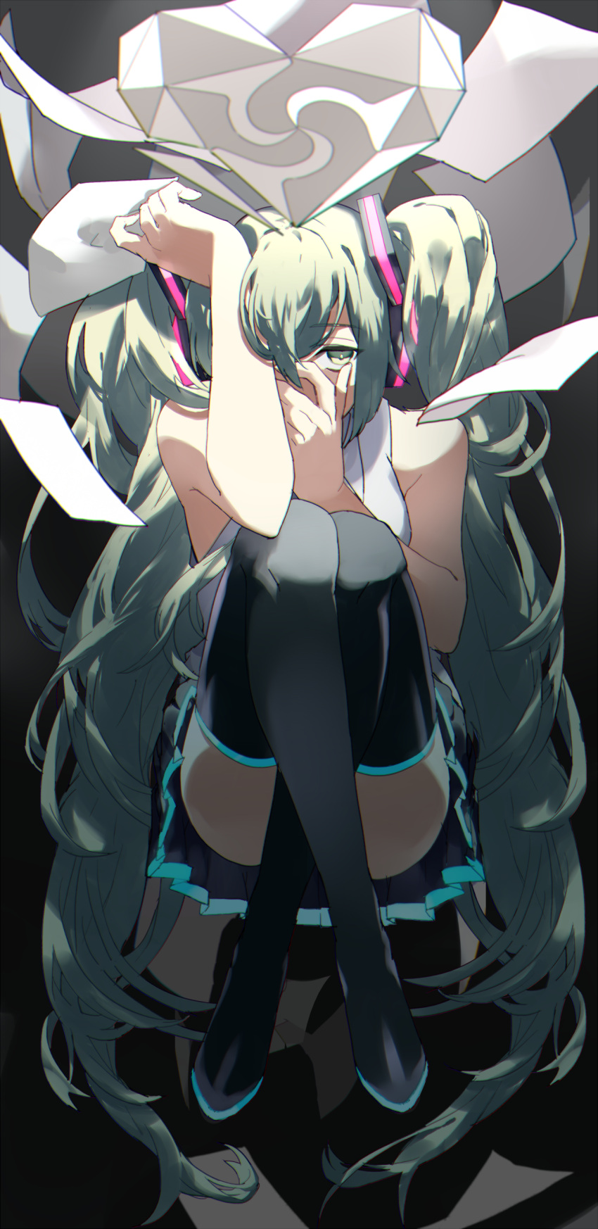 1girl absurdres bare_arms bare_shoulders black_background black_skirt commentary_request enma614_(patidonn) expressionless eyebrows_visible_through_hair floating full_body hands_on_own_face hatsune_miku heart highres knees_to_chest legs_crossed long_hair looking_away paper simple_background skirt solo spotlight thigh-highs thighs twintails unknown_mother_goose_(vocaloid) very_long_hair vocaloid