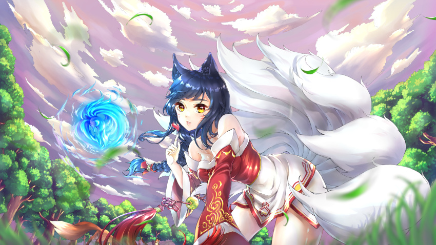 1girl absurdres ahri all_fours animal animal_ears bare_shoulders black_hair breasts chin_kohane cleavage day detached_sleeves facial_mark forest fox fox_ears fox_girl fox_tail grass heart highres huge_filesize korean_clothes large_breasts league_of_legends lips long_hair looking_at_viewer multiple_tails nature no_humans outdoors sky slit_pupils solo tail tree whisker_markings yellow_eyes