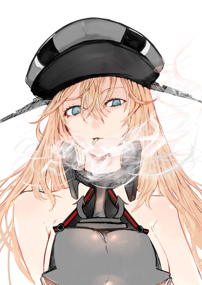 1girl bangs bare_shoulders bismarck_(kantai_collection) blonde_hair blue_eyes breasts cigarette eyebrows_visible_through_hair hair_between_eyes hat highres kantai_collection long_hair military military_hat military_uniform okayu_(papiko1111) open_mouth peaked_cap sailor_hat simple_background smoke smoking solo uniform white_background