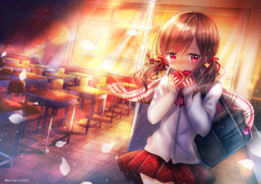 1girl absurdres bag bangs blush box brown_hair brown_scarf cardigan chair closed_mouth commentary_request desk eyebrows_visible_through_hair fringe_trim gift gift_box hair_between_eyes hair_ribbon heart-shaped_box highres holding holding_gift huge_filesize indoors kohaku_muro long_hair long_sleeves low_twintails nose_blush original petals plaid plaid_scarf plaid_skirt pleated_skirt red_eyes red_ribbon red_skirt ribbon scarf school_bag school_chair school_desk skirt sleeves_past_wrists solo sunset twintails valentine white_cardigan wooden_floor