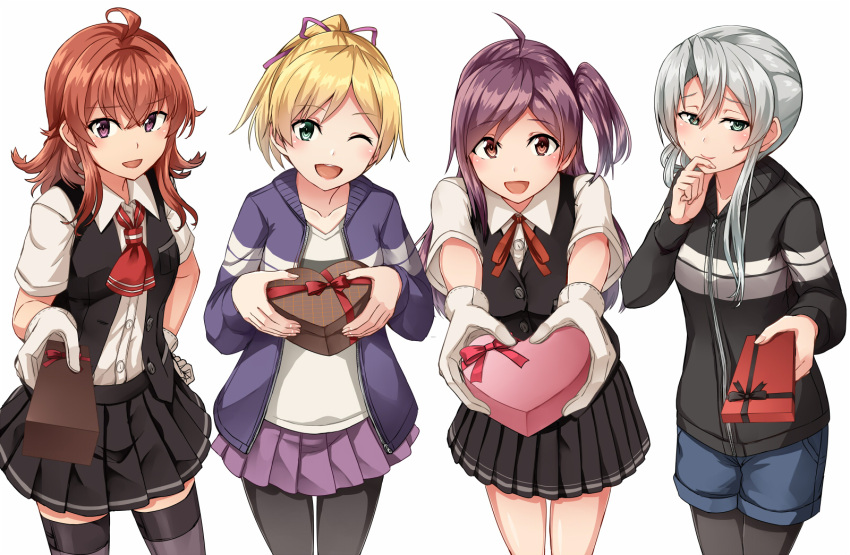 4girls ahoge alternate_costume arashi_(kantai_collection) artist_name asymmetrical_hair black_jacket black_legwear black_skirt black_vest blonde_hair blouse blue_shorts box collarbone cowboy_shot dated fingernails gift gift_box gloves gradient gradient_background green_eyes grey_legwear hagikaze_(kantai_collection) hair_between_eyes hair_ribbon heart-shaped_box highres holding holding_box holding_gift jacket kamelie kantai_collection kerchief long_hair long_sleeves maikaze_(kantai_collection) messy_hair multiple_girls neck_ribbon neckerchief nowaki_(kantai_collection) one_eye_closed one_side_up open_mouth pantyhose pink_ribbon pleated_skirt ponytail purple_hair purple_jacket purple_skirt red_ribbon redhead ribbon school_uniform short_hair short_sleeves shorts silver_hair simple_background skirt smile thigh-highs valentine vest white_background white_blouse white_gloves yellow_eyes zipper