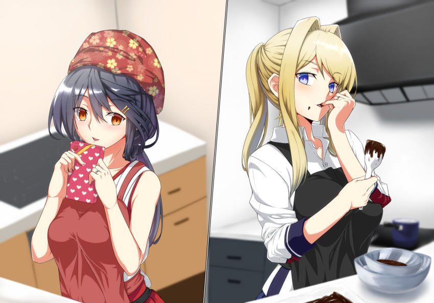 2girls alternate_costume alternate_hairstyle apron black_hair blonde_hair blue_eyes box breasts brown_eyes carmine_(ucdio) chocolate cooking eyebrows_visible_through_hair gift gift_box gradient_hair graf_zeppelin_(kantai_collection) hair_between_eyes hair_ornament hairclip haruna_(kantai_collection) japanese_clothes kantai_collection kitchen large_breasts long_hair multicolored_hair multiple_girls red_apron shirt sidelocks twintails valentine white_shirt