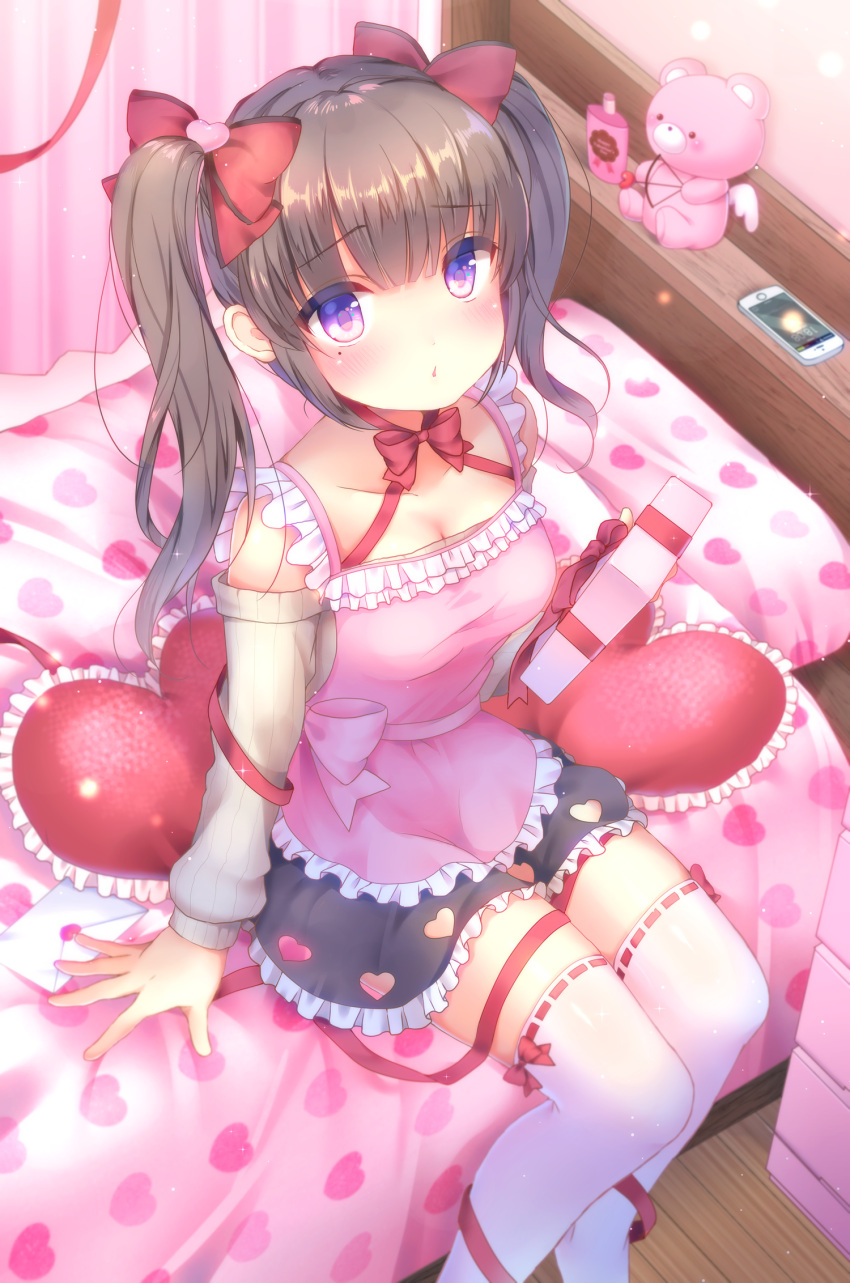 1girl apron bangs bed black_skirt blush bow bow_(weapon) box breasts brown_hair brown_sweater cellphone cleavage collarbone commentary_request curtains eyebrows_visible_through_hair frilled_apron frilled_pillow frilled_skirt frills gift gift_box hair_between_eyes hair_bow hair_ornament heart heart_arrow heart_cutout heart_hair_ornament heart_pillow highres holding holding_gift indoors long_hair long_sleeves off-shoulder_sweater on_bed original parted_lips phone pillow pink_apron red_bow red_ribbon ribbed_sweater ribbon ribbon-trimmed_legwear ribbon_trim sitting sitting_on_bed skirt small_breasts smartphone solo stuffed_animal stuffed_toy sweater teddy_bear thigh-highs twintails valentine violet_eyes weapon white_legwear yuyuko_(yuyucocco)