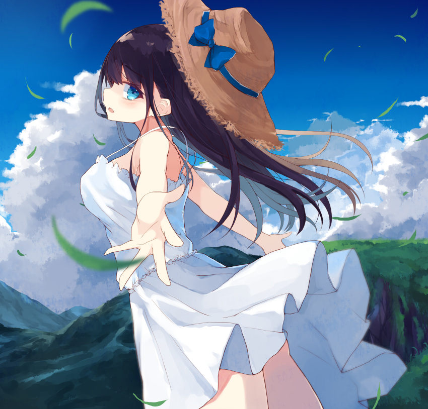 1girl absurdres bangs bare_arms bare_shoulders black_hair blue_bow blue_eyes blue_sky blush bow breasts clouds day dress from_side hat hat_bow highres huge_filesize kanari_no_binetsu large_breasts long_hair open_mouth original outdoors outstretched_arms sky solo straw_hat sun_hat white_dress