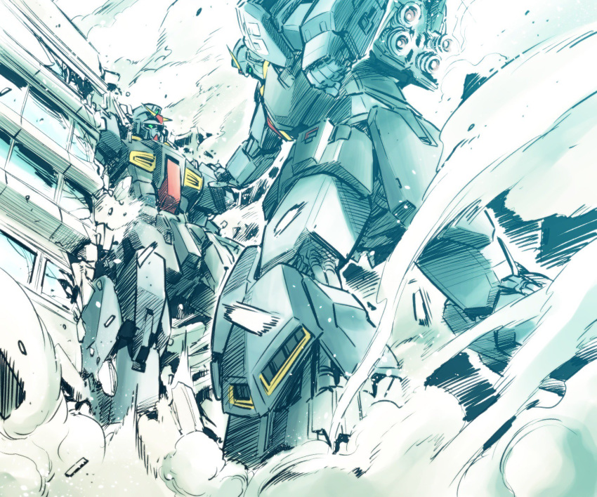 building clenched_hand destruction dust_cloud gundam gundam_mk_ii highres ishiyumi mecha no_humans thrusters wall_slam window zeta_gundam