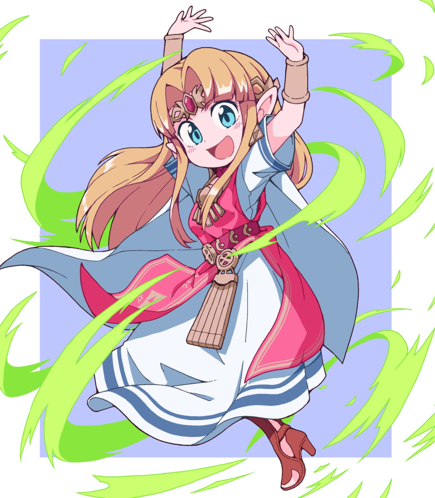 1girl :d arms_up belt blonde_hair blue_eyes blush_stickers bracer brown_footwear cape commentary_request dress earrings eyebrows_visible_through_hair floating_hair full_body gem hair_intakes high_heels highres jewelry long_hair looking_at_viewer nazonazo_(nazonazot) nintendo open_mouth pink_belt pointy_ears princess_zelda purple_background shiny shiny_hair short_sleeves sidelocks smile solo super_smash_bros. super_smash_bros._ultimate tabard the_legend_of_zelda the_legend_of_zelda:_a_link_between_worlds tiara triforce white_cape white_dress wind