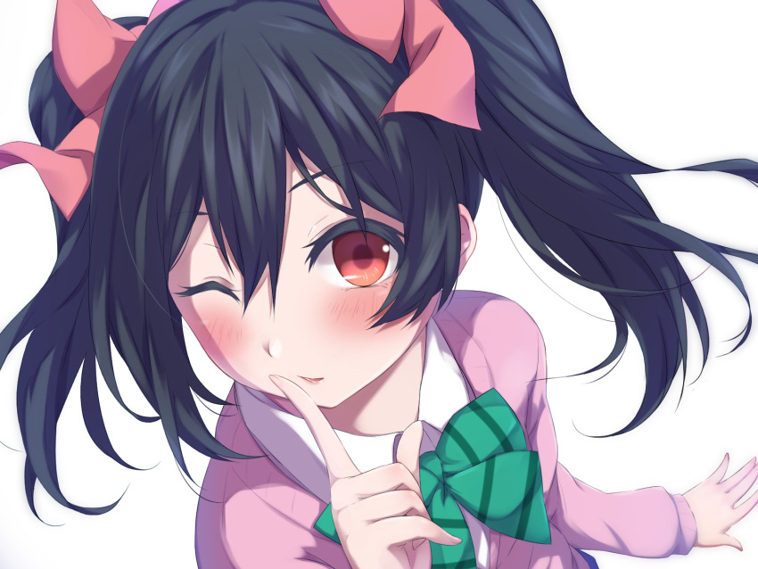 1girl bangs black_hair blue_skirt blush bow bowtie collared_shirt commentary_request dress_shirt eyebrows_visible_through_hair finger_to_cheek from_above green_bow green_neckwear hair_between_eyes hair_bow highres hitotsuki_no_yagi long_hair long_sleeves looking_at_viewer love_live! love_live!_school_idol_project one_eye_closed otonokizaka_school_uniform parted_lips pink_bow pink_cardigan red_eyes school_uniform shirt sidelocks simple_background skirt solo striped striped_bow striped_neckwear twintails white_background white_shirt yazawa_nico