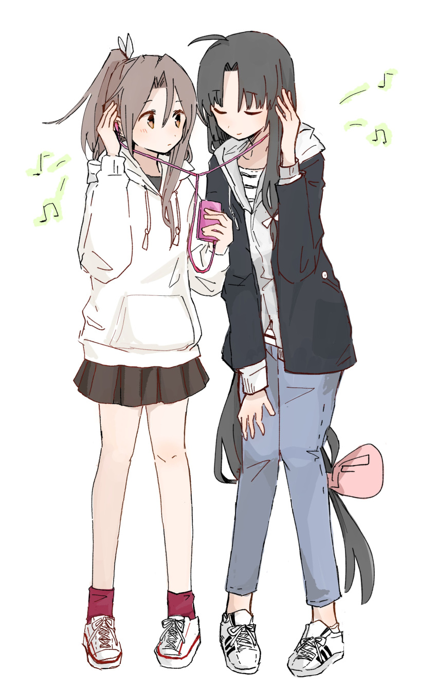 2girls absurdres bangs black_hair blush bow brown_eyes brown_hair closed_eyes closed_mouth denim digital_media_player earphones eyebrows_visible_through_hair full_body hair_bow hair_ribbon high_ponytail highres hinata_hibari hood hoodie jacket jeans kantai_collection listening_to_music long_hair long_sleeves looking_at_another low-tied_long_hair multiple_girls music musical_note pants pleated_skirt ponytail red_legwear ribbon shirt shoes shouhou_(kantai_collection) simple_background skirt smile sneakers standing very_long_hair white_background zuihou_(kantai_collection)
