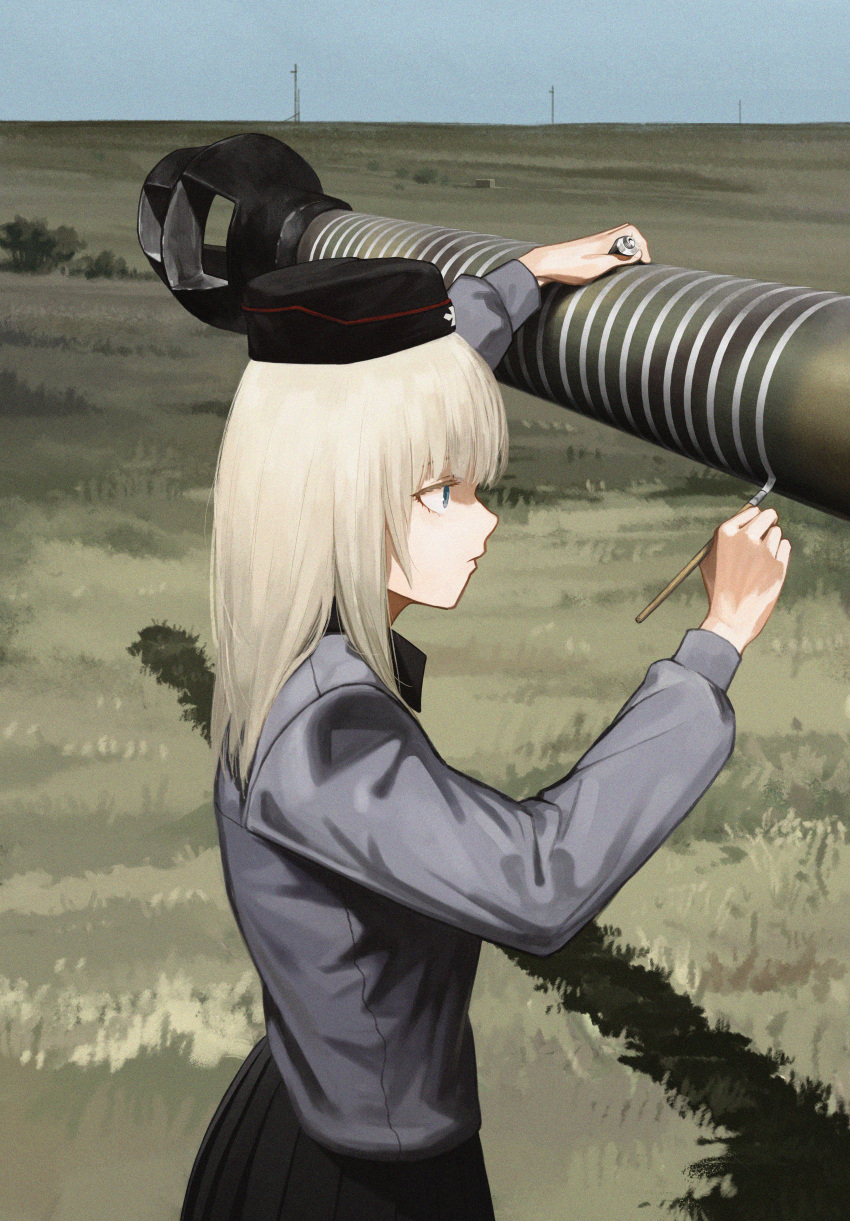 1girl absurdres blonde_hair blue_eyes brush commentary film_grain garrison_cap girls_und_panzer grass ground_vehicle hat highres holding_brush huge_filesize huqu itsumi_erika kuromorimine_school_uniform military military_vehicle motor_vehicle outdoors painting school_uniform solo tank